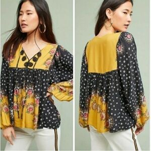 Farm Rio Intarsia Floral Applique Balloon Sleeve Peasant Blouse Size XS